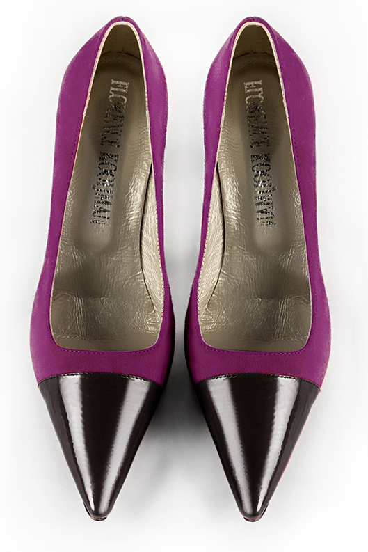 Gloss black and mulberry purple women's dress pumps,with a square neckline. Pointed toe. High slim heel. Top view - Florence KOOIJMAN